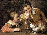 Annibale Carracci Two Children Teasing a Cat oil